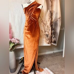 Burnt Orange One Shoulder Ruched Gown NWOT